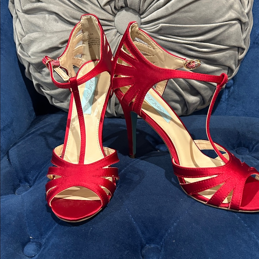 Red Satin T-Strap High Heel Sandals